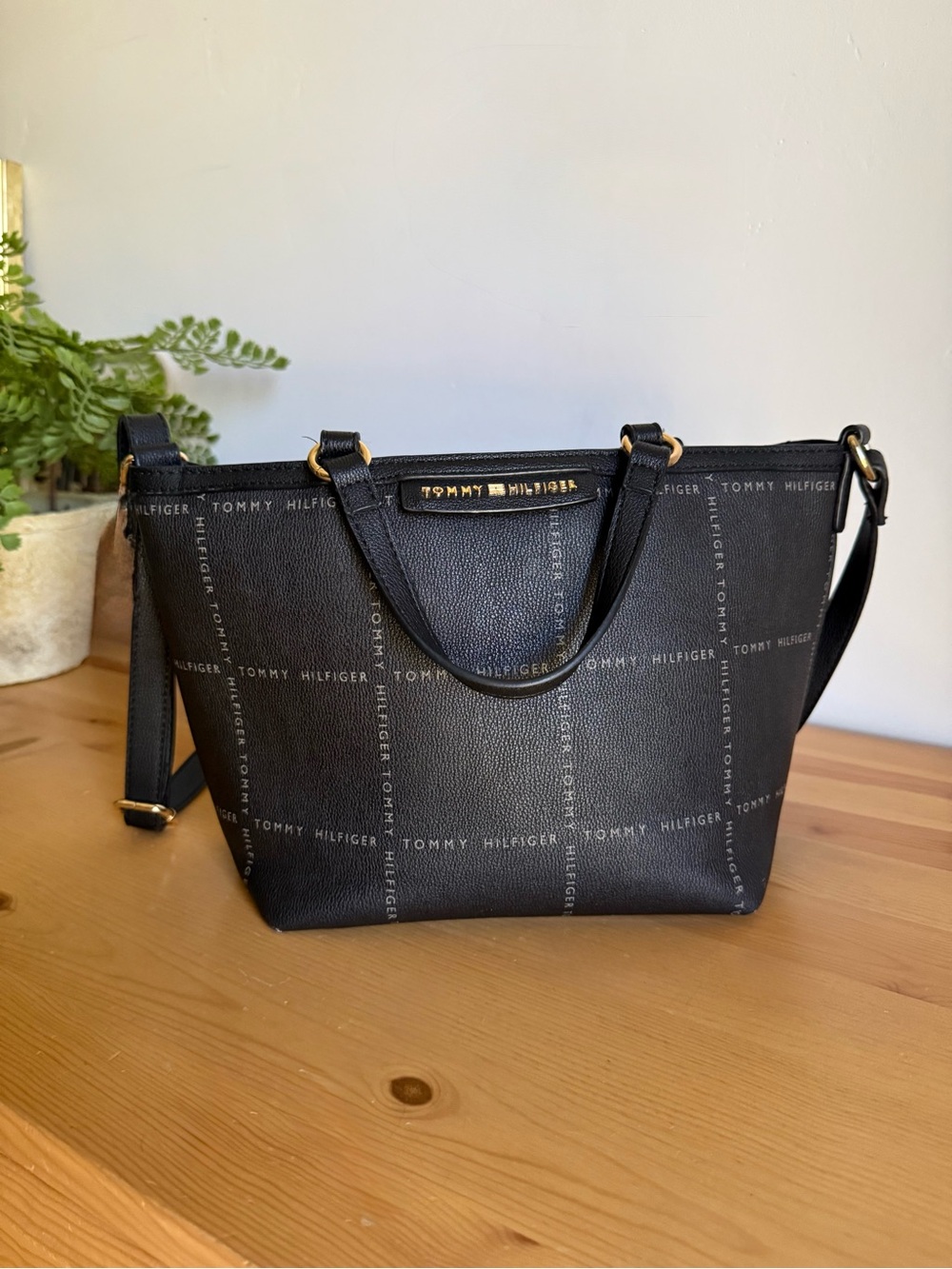 Tommy Hilfiger Black Logo Stripe Mini Tote Crossbody Bag